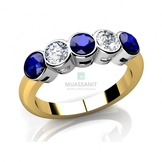 Обручальное кольцо из золота двух цветов с муассанитами и цветными камнями