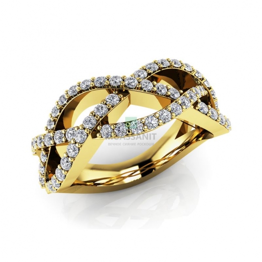 Женское кольцо в виде косички из желтого золота с муассанитами