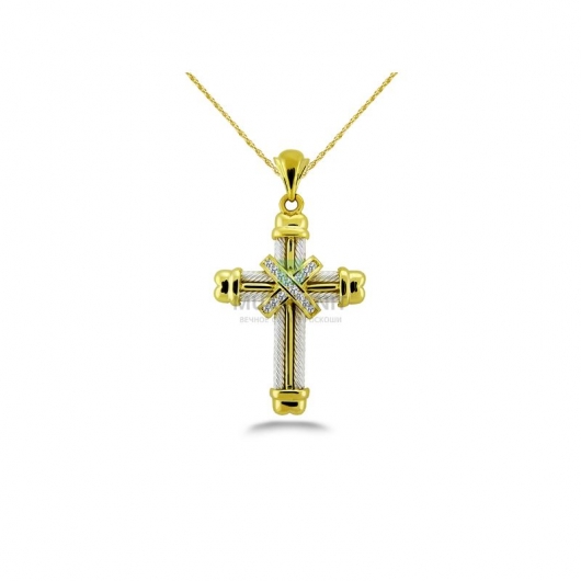 Крестик из золота двух цветов с муассанитами