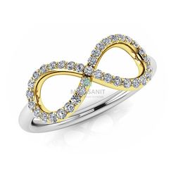 Женское кольцо в виде символа бесконечности из золота двух цветов с муассанитами