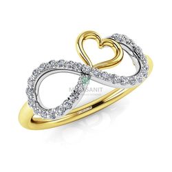 Женское кольцо в виде символа бесконечности из золота двух цветов с муассанитами