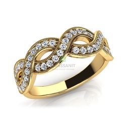 Женское плетеное кольцо из желтого золота с муассанитами