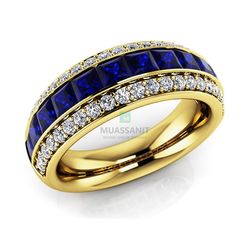Женское кольцо из желтого золота с муассанитами и цветными камнями